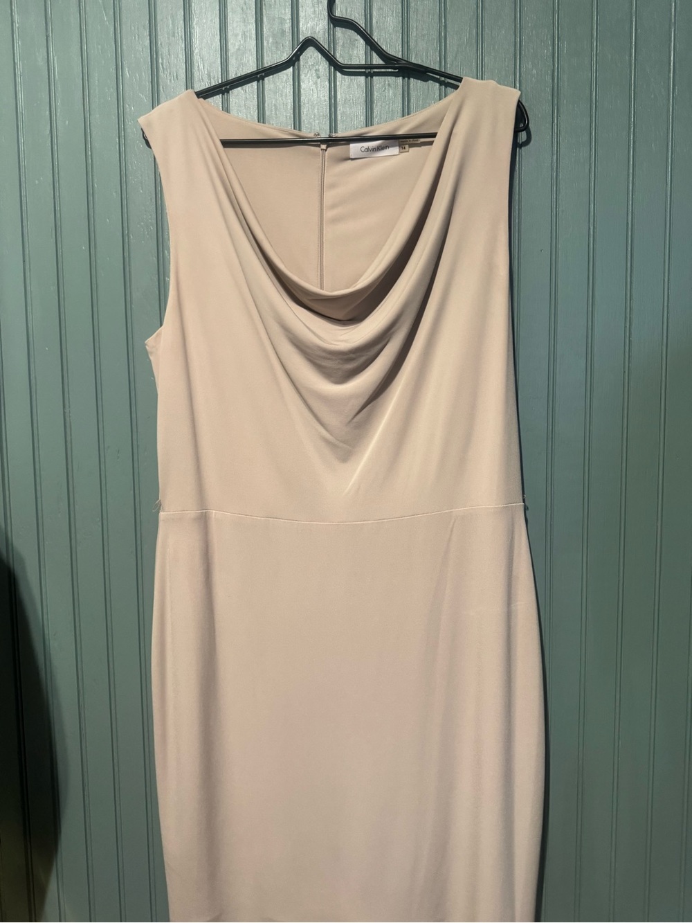 Calvin Klein Sleeveless Cowl Neck Midi Dress in Light Beige
